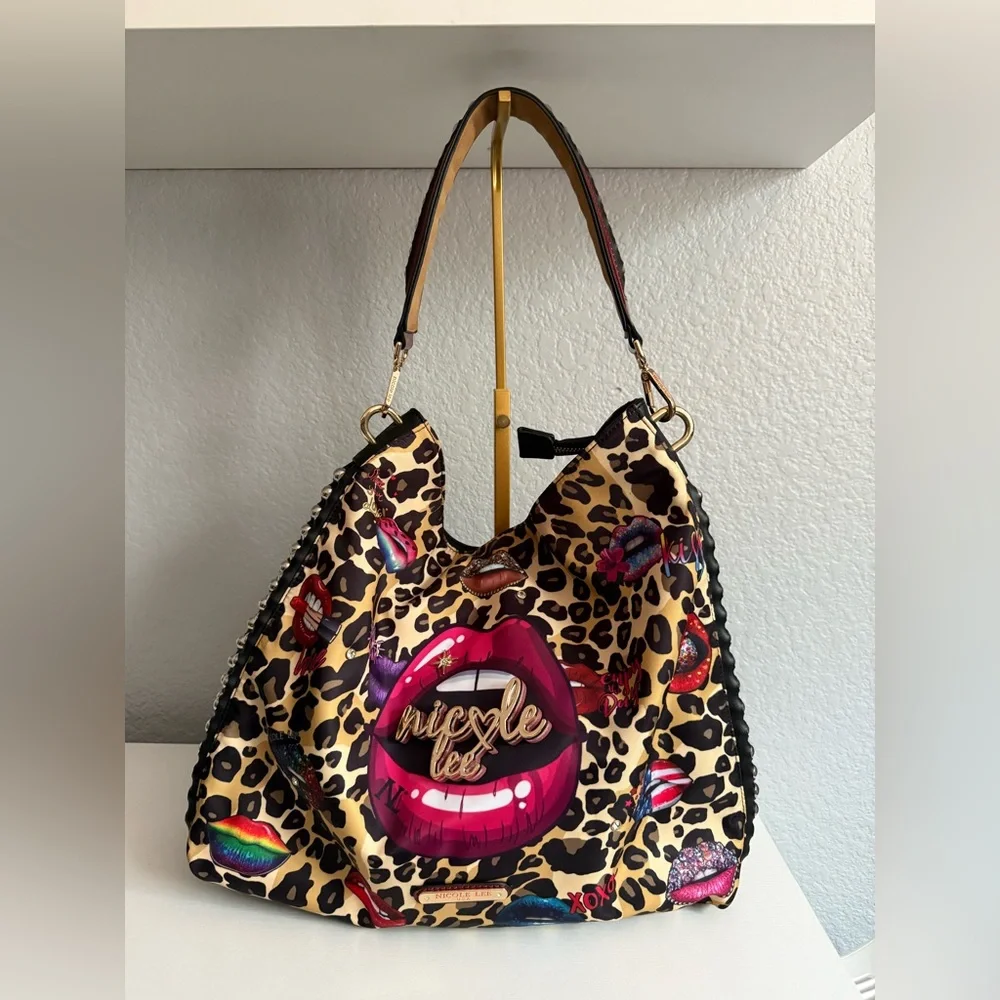 Nicole Lee Multicolor Lips and Leopard Hobo Bag